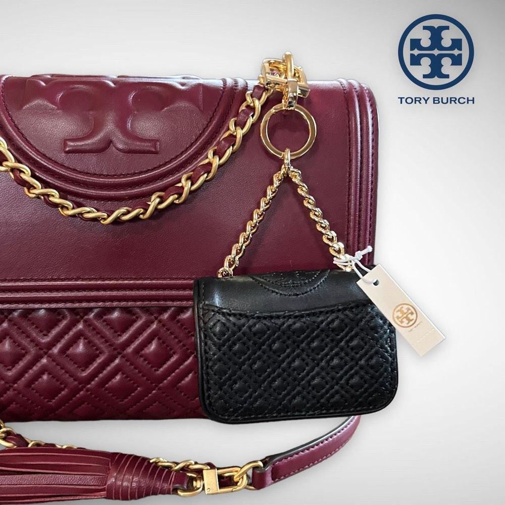 NWT Tory Burch Lil Fleming Key Fob / Bag Charm in Black Napa Leather $115 - Picture 1 of 16